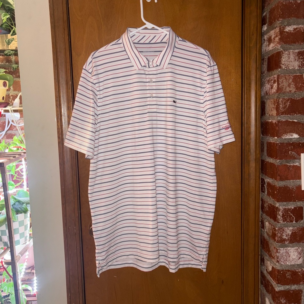 Vineyard Vines/Harbor Shores Lake Michigan Red, Blue and White Striped Golf Polo